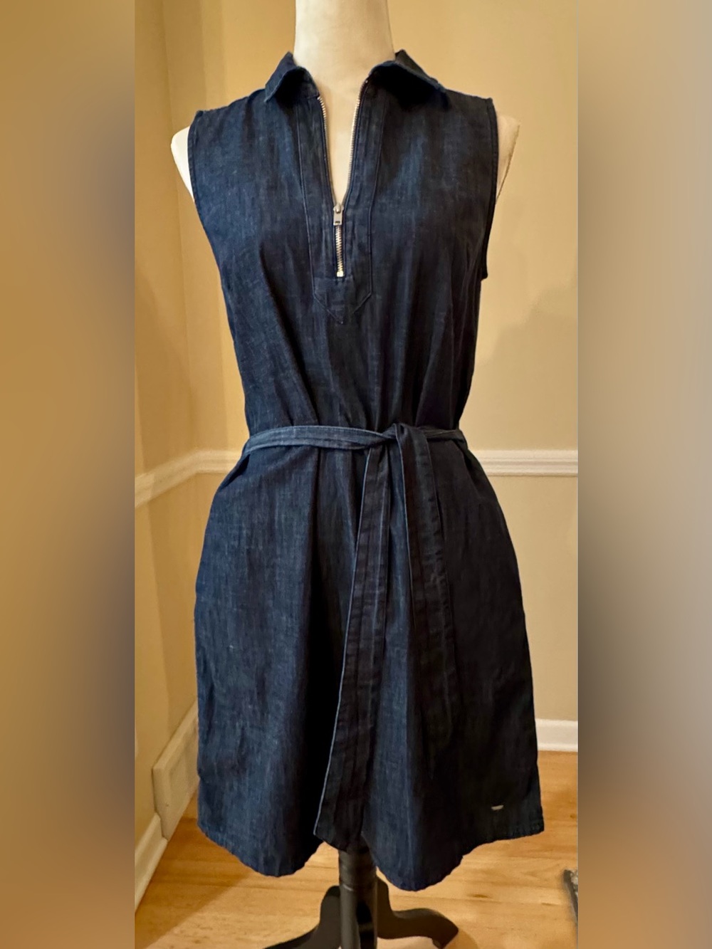 🧵🇺🇸 Tommy Hilfiger Denim Shirt Dress Sleeveless 1/4 Zip Front Belted Medium